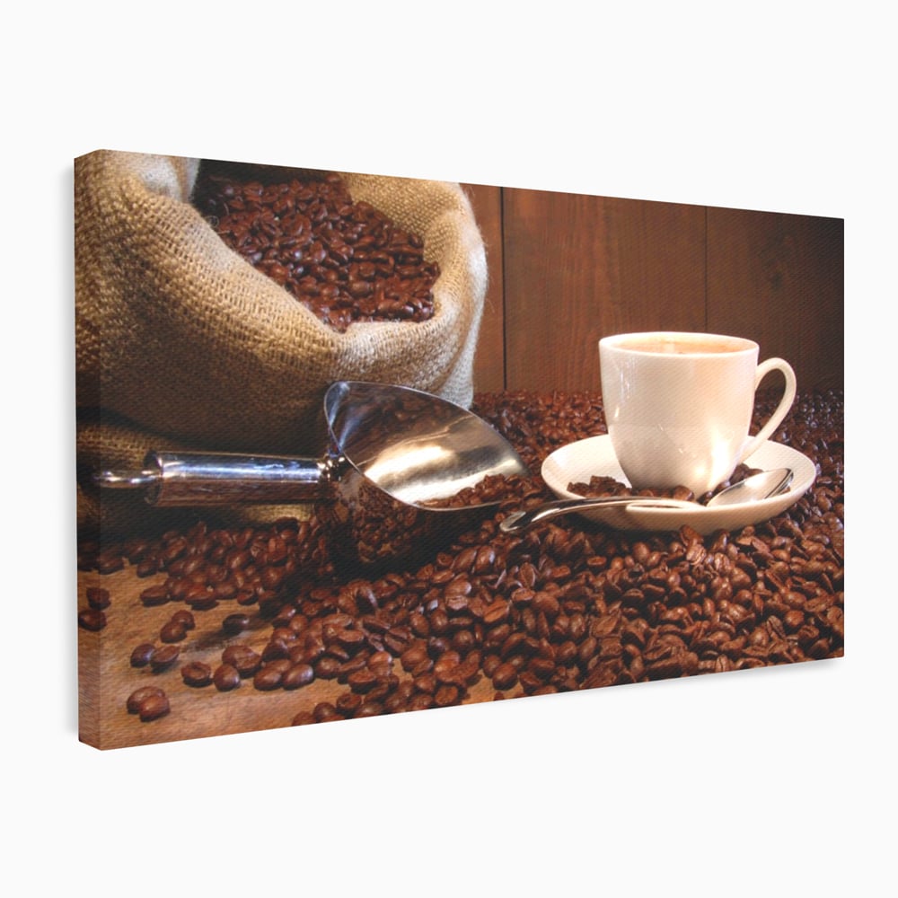 Tablou canvas cu tablou cu cana de cafea si sac de iuta, fara rama, pe sasiu de lemn